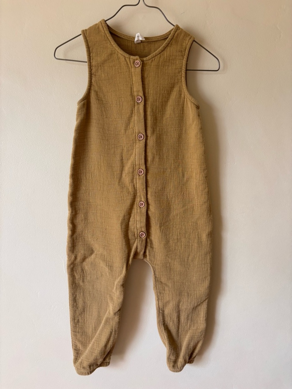 Quincy Mae Sleeveless Button-Front Baby Romper - Mustard Organic Cotton Size 2-3